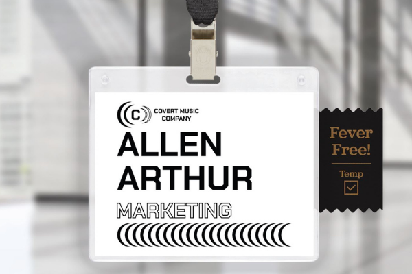 Event badge with COVID-19 temperature check ribbon
