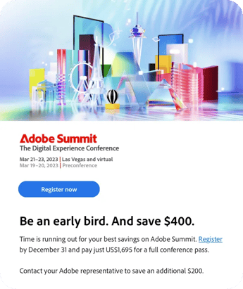 A "last chance for early bird pricing" email for the Adobe Summit conference.