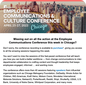 An "on-demand access" email promoting an online recording of the Employee Communications & Culture Conference hosted by Ragan.