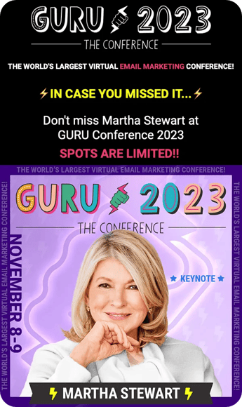A "keynote speaker announcement" email for the Guru 2023 email marketing virtual conference.