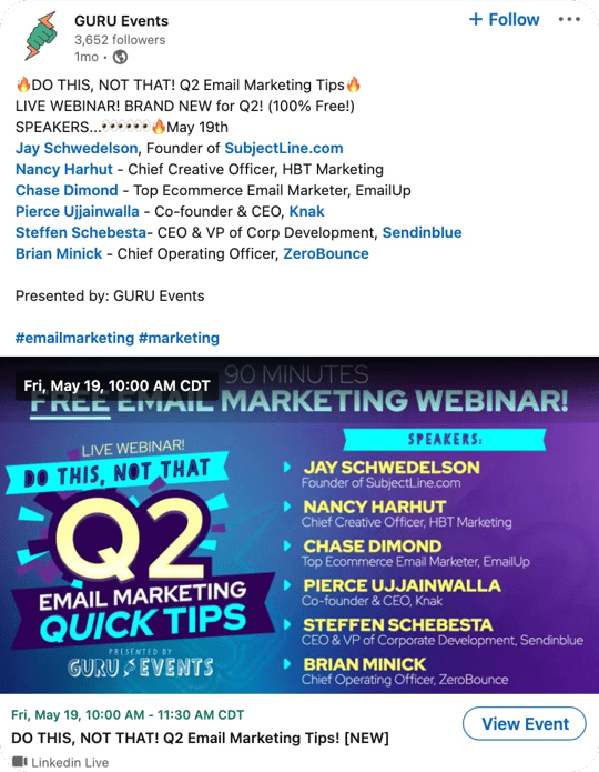 Guru Email Marketing Event Promoted on LinkedIn