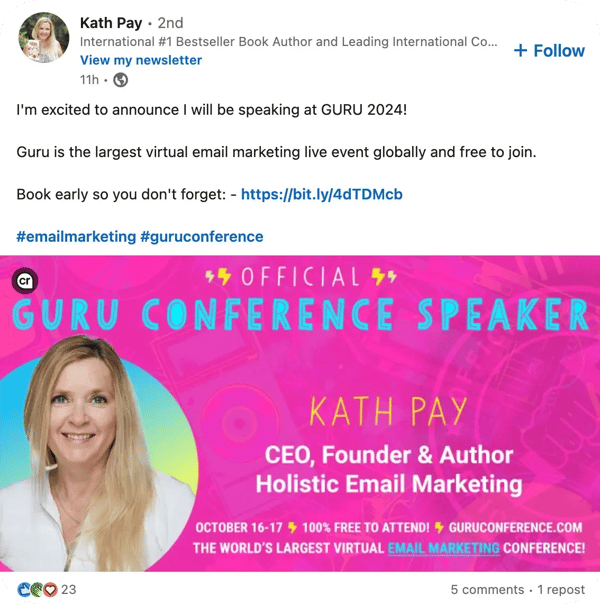 Guru LinkedIn Post from Presenter Kath Pay