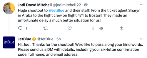 JetBlue Airways customer service tweet