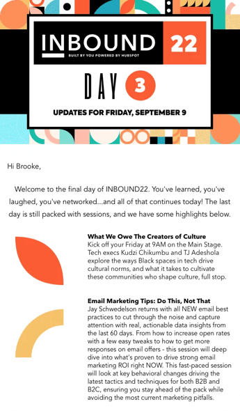 A "daily event highlight" email promoting high-profile sessions taking place on Day 3 of the INBOUND conference.