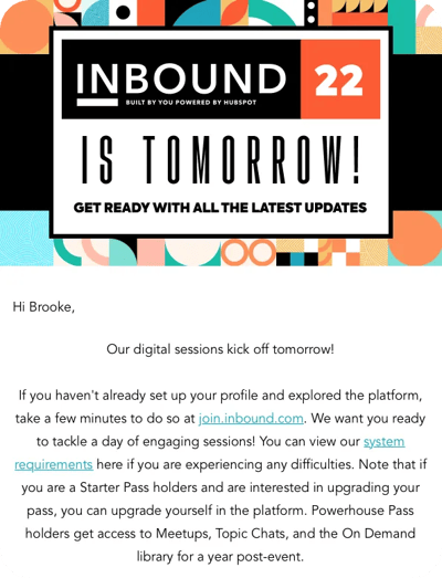 A "day-of details" email to virtual attendees of the INBOUND conference.