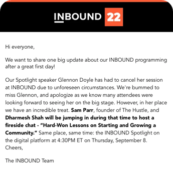 A "schedule change" email announcing a speaker cancellation and replacement during the INBOUND conference.