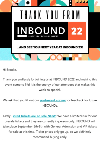 A "post-event survey" email sent to attendees of the INBOUND conference.