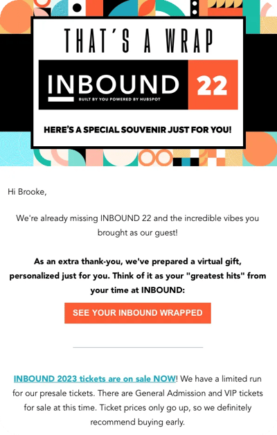 An "event recap" email sent to attendees of the INBOUND conference.