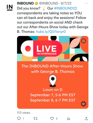 HubSpot Inbound 22 twitter post during the event