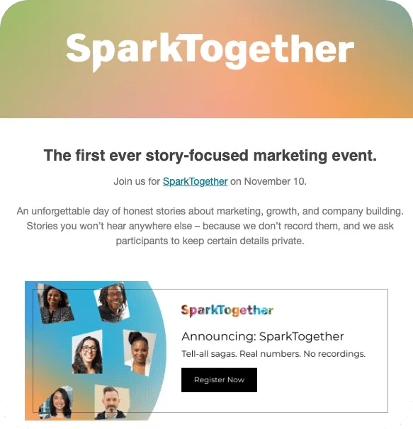 An "event announcement and benefits" email from SparkToro for their SparkTogether event.