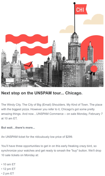 An "early bird pricing announcement" and "host city feature" from reallygoodemails.com for the UNSPAM email marketing conference.