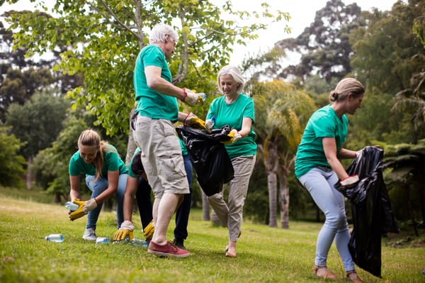 coworkers volunteer to beautify their community as a team building exercise