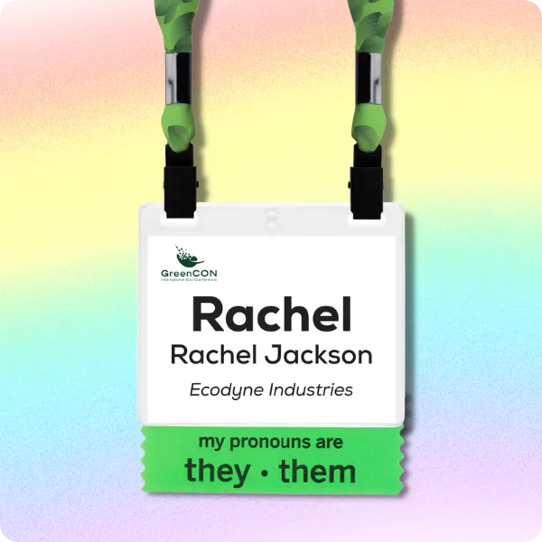 an event badge with a they-them pronoun ribbon