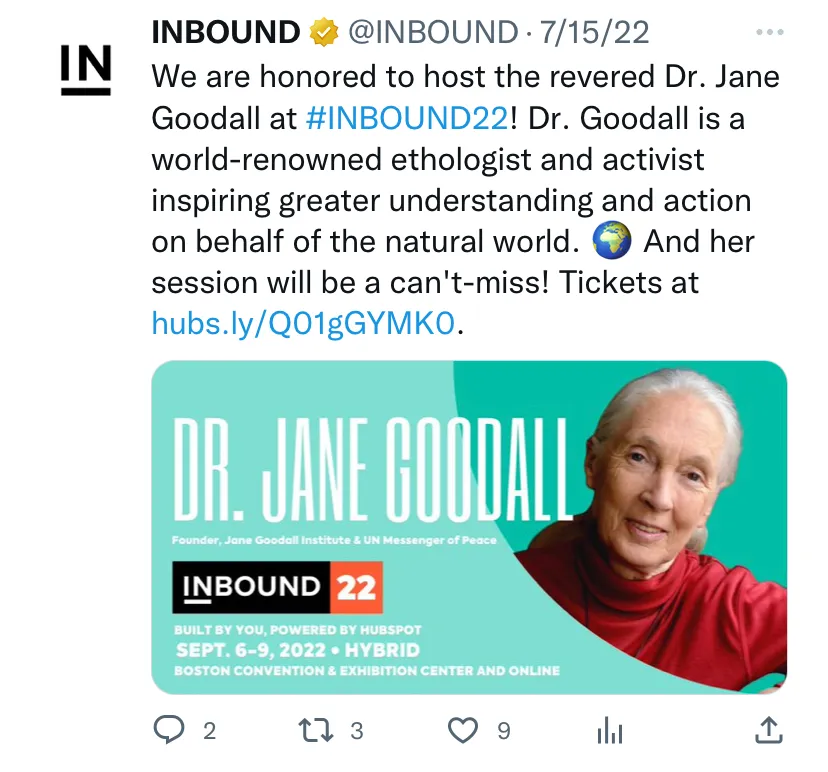 HubSpot Inbound 2022 Keynote Speaker Announcement on Twitter